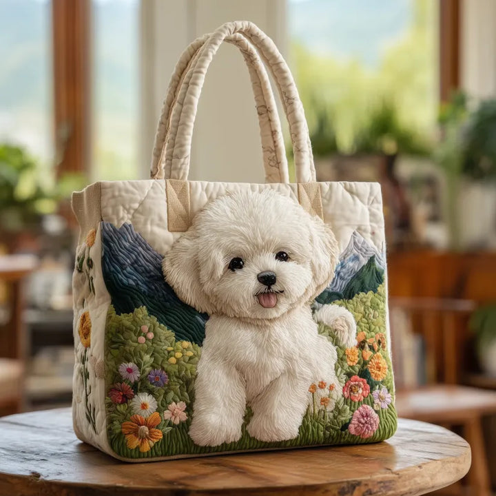 Vintage Timeless Bichon Frise Quilted Tote Bag